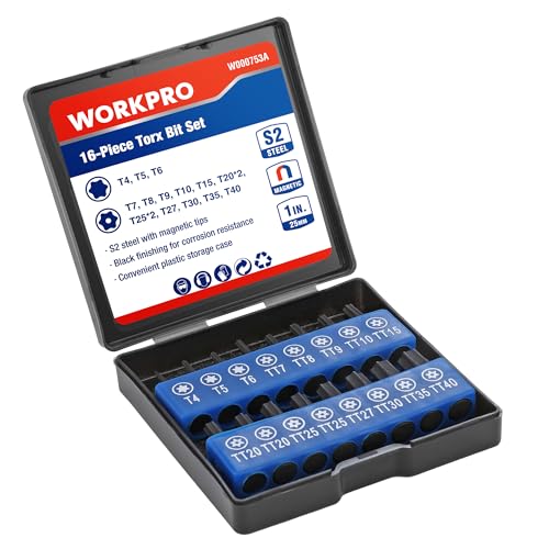 WORKPRO 16tlg. Schrauberbit Set, Torx Bit-Set aus S2-Stahl (25 mm), Magnetische Torx-Bits mit Bithalter, Universeller 1/4" Sechskant-Schäfte, Präzisionsbearbeitet, inkl. Aufbewahrungsbox von WORKPRO