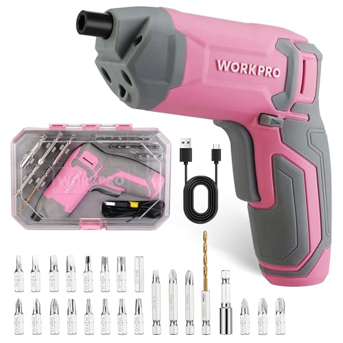 WORKPRO 3,6V Mini Exzenter-Akkuschrauber, Schrauberset mit 2000mAh Akku, 240RPM und 7Nm, ausgestattet mit LED-Licht, 24-teiligem Zubehör und Aufbewahrungskoffer, für Heimwerker und DIY-Projekte, Rosa von WORKPRO