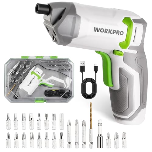 WORKPRO 3,6V Mini Exzenter-Akkuschrauber, Schrauberset mit 2000mAh Akku, 240RPM und 7Nm, ausgestattet mit LED-Licht, 24-teiligem Zubehör und Aufbewahrungskoffer, für Heimwerker und DIY-Projekte, Weiß von WORKPRO
