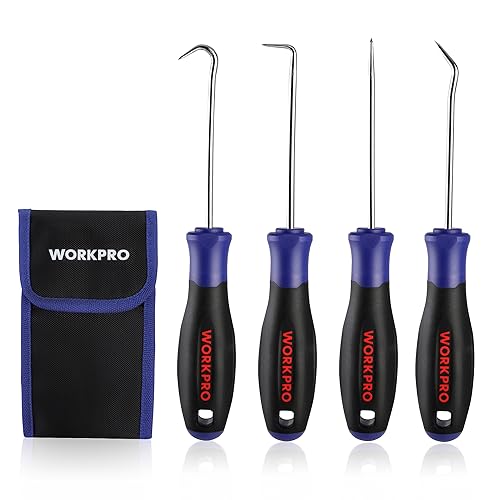 WORKPRO 4-Teiliges Mini Pick und Haken Set, Präzision Automobil Pick Werkzeug Set zum Entfernen von Schläuchen, Öl-Ringe und Dichtungen, Ergonomischer Griff mit Tragtasche Perfekt für Autowerkzeuge von WORKPRO