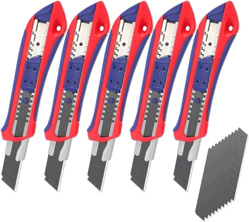 WORKPRO 5 Stück Cuttermesser Set 18mm mit 20 Ersatzklingen aus SK5, Profi Cuttermesser Abbrechklinge Kartonmesser, Mehrzweck Messer Allzweckmesser mit Gummigriff, Schneiden zum Papier, Karton von WORKPRO