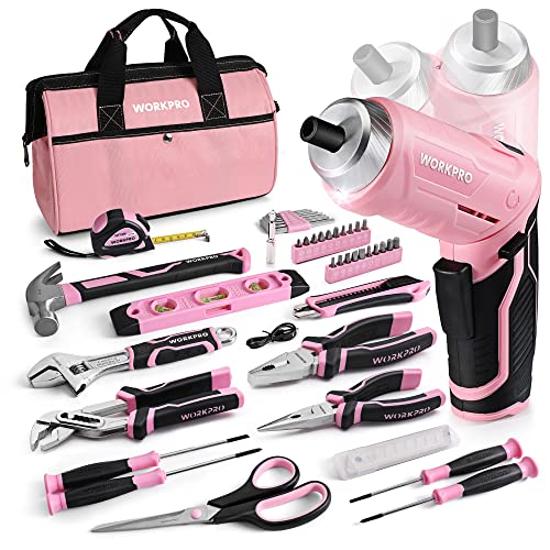 WORKPRO 53-tlg. Werkzeug Set Rosa mit Akkuschrauber klein, pink Werkzeugtasche gefüllt für Haushalt Reparatur mit Wasserwaage, Wasserpumpenzange, Muttertag Geschenke für Mutter, Heimweiker von WORKPRO