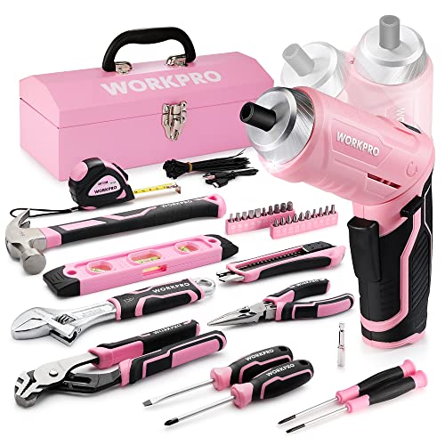 WORKPRO 73-tlg. Werkzeug Set Rosa mit Akkuschrauber klein, pink Metall Werkzeugkoffer gefüllt für Haushalt Reparatur mit Wasserwaage, Wasserpumpenzange, Muttertag Geschenk für Mutti Heimwerker von WORKPRO