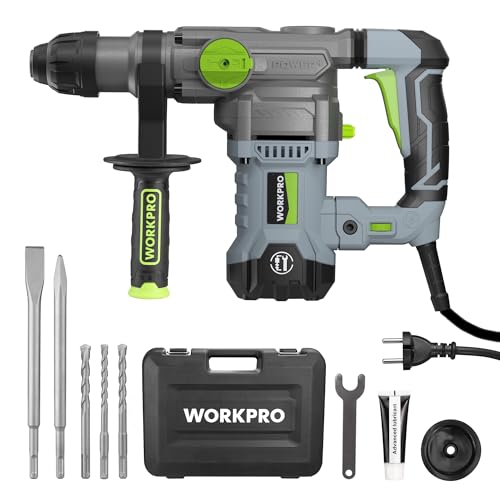 WORKPRO Bohrhammer SDS-Plus 1500W, Abbruchhammer Betonhammer Bohrmaschine 5,5 Joule, 4 Modi, Variable Geschwindigkeit, 360° Handgriff, Mit Zubehör, Meißel & Koffer, 930 R/Min, 4300BPM, Im Beton 32mm von WORKPRO