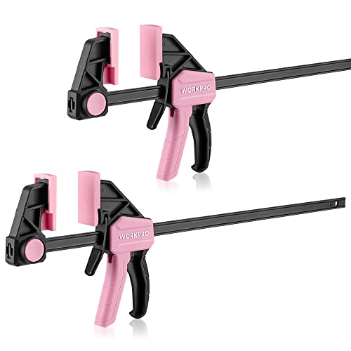 WORKPRO Einhandzwingen Set Rosa 2 Stück Schraubzwingen Spanner, Spannweite 300 mm, Dehnbereich bis zu 440mm, Spannkraft 68kg, Maultiefe 60mm, aus Stahl und Nylon für präzises Fixieren von WORKPRO