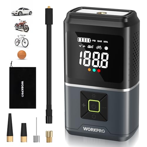 WORKPRO Elektrische Luftpumpe 150PSI(10,3bar), Akku Luftkompressor 7,2V 5000mAh, Kabellose Tragbare Reifenpumpe mit Digitalanzeige und Notbeleuchtung für Auto, Fahrrad, Motorrad, Bälle, mit Tragtasche von WORKPRO