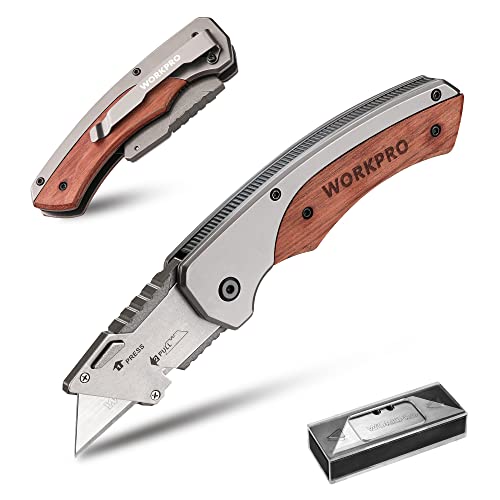 WORKPRO Faltbares Universalmesser Klappmesser mit Holzgriff, Teppichmesser Cuttermesser mit Gürtelclip und Liner-Lock-Design, inkl. 10 Ersatzklingen von WORKPRO