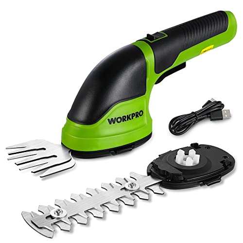WORKPRO Gartenschere 3,6V, handliche Grasschere und Strauchschere elektrisch mit 2 Messern 2.000mAh Akku und Typ C Kabel, 2 in 1 Rasenkantenschneider Schnittbreite 7.5cm, Schnittlänge 12cm von WORKPRO