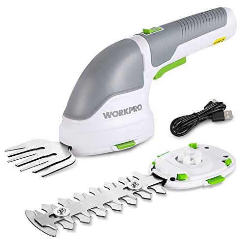 WORKPRO Gartenschere Akku 3,6V, handliche Grasschere und Strauchschere elektrisch mit 2 Messern 2.000mAh Akku und Typ C Kabel, 2 in 1 Rasenkantenschneider Schnittbreite 7.5cm, Schnittlänge 12cm von WORKPRO