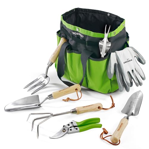 WORKPRO Gartenwerkzeug Set, 8 in 1 Gartengeräte mit Aufbewahrungstasche, aus Edelstahl, Gartenschaufel mit Holzgriff, Blumenschere, Gartenkralle, Handgrubber, Geschenk für Gärtnerinnen und Gärtner von WORKPRO