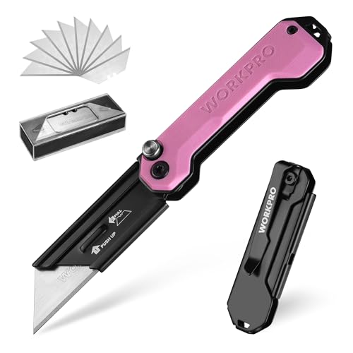 WORKPRO Klappmesser Universalmesser, Cuttermesser, Taschenmesser mit Schnellwechselmechanismus, G10-Griff, mit 10 zusätzlichen SK5-Klingen, Ideal zum Schneiden von Leder, PVC, Papier, Rosa von WORKPRO