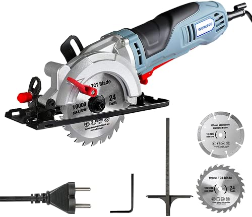 WORKPRO Mini Kreissäge 750W 4700RPM, Handkreissäge Schnitttiefe 45 mm (90 °), 28 mm (45 °), mit 120 mm TCT-Klinge und 115 mm Diamantklinge, mit Führungsschiene, für Holz Metall Fliesen von WORKPRO