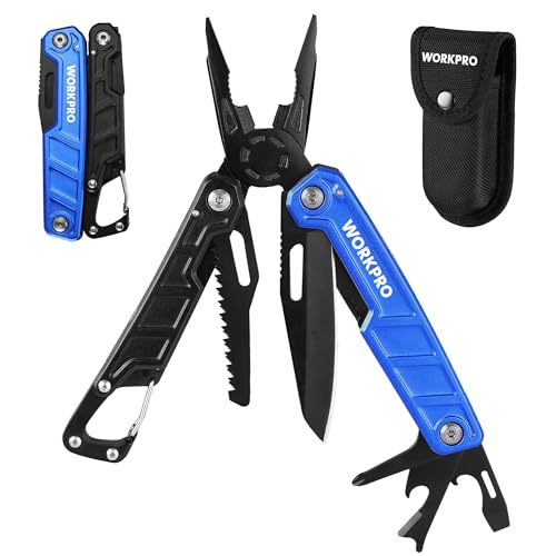 WORKPRO Multifunktionszange 11-in-1 Faltbar Multitool Werkzeug Edelstahl Multifunktionswerkzeug mit Karabiner Spitzzange Kabelschneider Flaschenöffner Schraubendreher für Outdoor mit Tragtasche Blau von WORKPRO