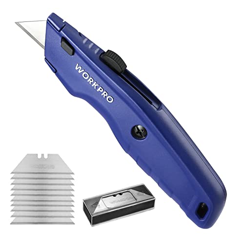 WORKPRO Premium Teppichmesser, Einziehbarer Universalmesser aus Vollmetall, Strapazierfähiger Cuttermesser mit Schnellwechselklinge, mit 10 zusätzlichen Klingen, Blau von WORKPRO