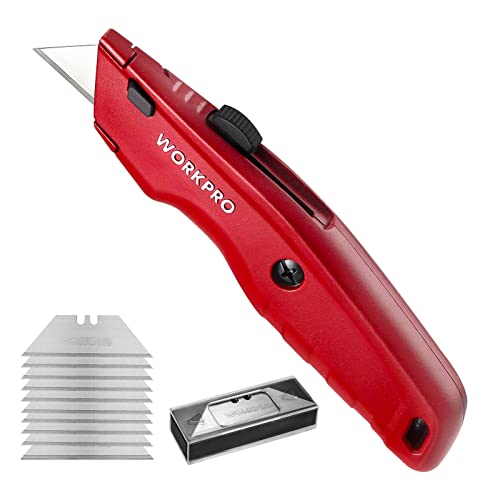 WORKPRO Premium Teppichmesser, Einziehbarer Universalmesser aus Vollmetall, Strapazierfähiger Cuttermesser mit Schnellwechselklinge, mit 10 zusätzlichen Klingen, Rot von WORKPRO