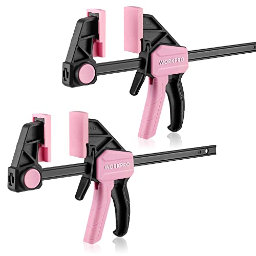 WORKPRO Rosa Einhandzwingen Set 2 Stück Schraubzwingen Spanner, Spannweite 150 mm Dehnbereich 135mm - 285mm Spannkraft 68kg, Stahl und Nylon für präzises Fixieren von WORKPRO