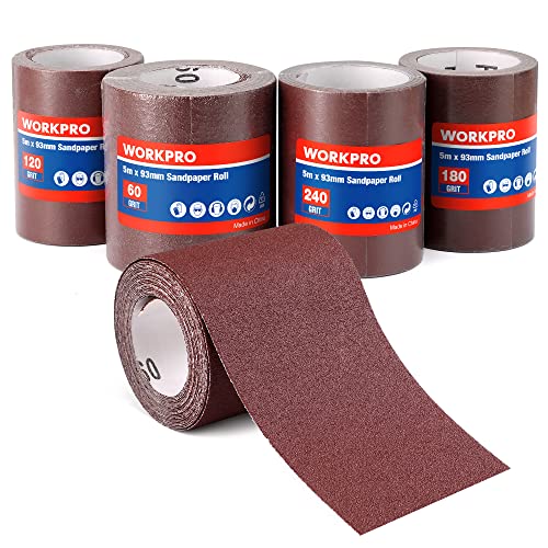 WORKPRO Schleifpapierrollen, 4 Schleifpapier Rollen 93 mm x 5 m, Körnung 60/120/180/240, für Hnadschleifer, Schwingschleifer, Schmirgelpapier für Holz, Metall, Farbe von WORKPRO