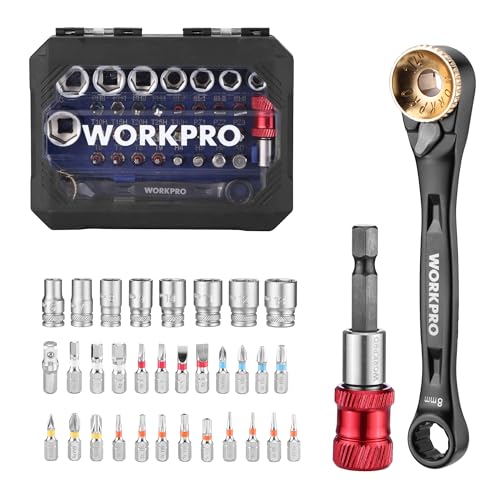 WORKPRO Steckschlüsselsatz 1/4" Antrieb, 34-teiliges Steckschlüssel- und Bit-Set, Mini-Ratschenschlüssel, 3-in-1-Doppelkopf, S2-Stahl-Schraubendreher-Bits, Magnetischer Bithalter und Adapter von WORKPRO