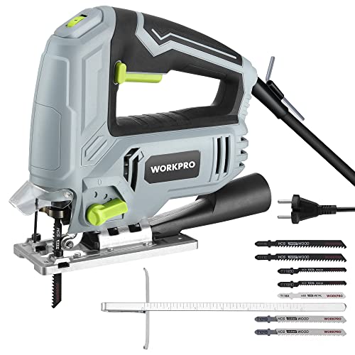 WORKPRO Stichsäge 600W, 3000 SPM mit 6 Geschwindigkeiten & 4 Orbitalpositionen, Schnellem Klingenwechsel, Staubblasfunktion, ±45° Schnittwinkel, Inkl. Entstaubungsrohr & Führungslineal & 7 Sägeblätter von WORKPRO