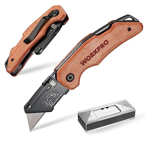 WORKPRO Teppichmesser Faltbares Universalmesser mit Holzgriff, Schnellwechsel-Cuttermesser mit rostfreiem Stahlkopf & Back Lock, inkl. 10 Ersatzklingen von WORKPRO