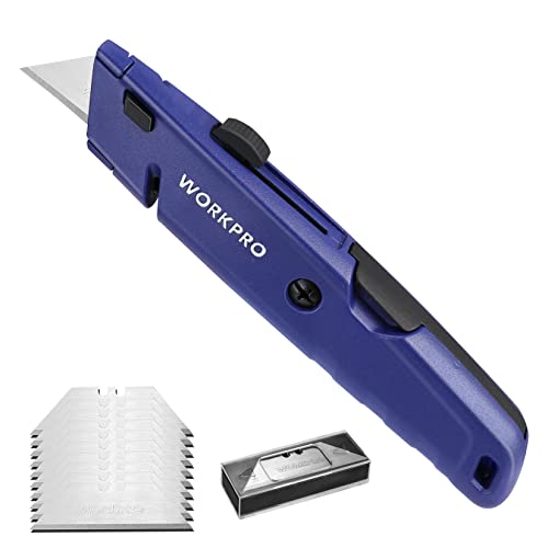 WORKPRO Teppichmesser aus Vollmetall, Einziehbarer Universalmesser mit Klingenaufbewahrung, Schnellwechsel-Cuttermesser mit Garnschneider, inkl. 13 SK5 Ersatzklingen, Blau von WORKPRO