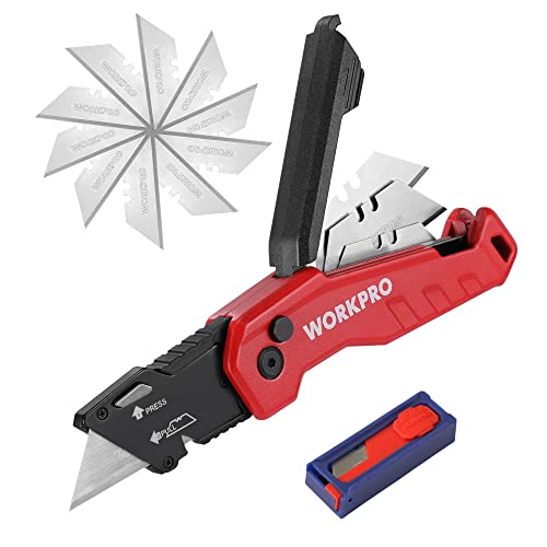 WORKPRO Teppichmesser aus Aluminium, Faltbares Universalmesser Cuttermesser mit Schnellwechselklinge und Gürtelclip, Klappmesser mit Klingenaufbewahrung, mit 13 zusätzlichen Klingen, Rot von WORKPRO