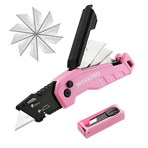 WORKPRO Teppichmesser aus Aluminium, Faltbares Universalmesser Cuttermesser mit Schnellwechselklinge und Gürtelclip, Klingenaufbewahrung, Safety-Lock-Design, mit 13 zusätzlichen Klingen, Rosa von WORKPRO