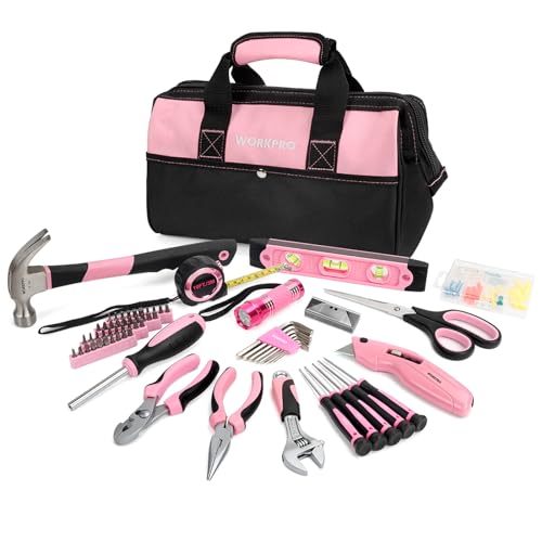 WORKPRO Pink Werkzeug Set Rosa Werkzeugkoffer 106-teilig Haushalts-Werkzeugsatz Reparatur inkl. Tasche mit weiter Öffnung 34cm Ideal Geschenk für Heimwerker von WORKPRO