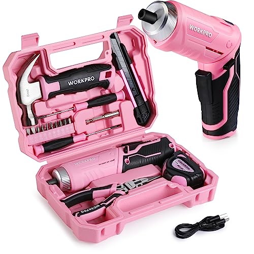 WORKPRO Werkzeugset Rosa pink 18 tlg. mit USB C Akkuschrauber klein, pinker Werkzeugkoffer gefüllt Haushalt, Werkzeugsatz für Heimwerker, Kinder, DIY Bastelei von WORKPRO