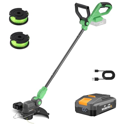 WORKPROX Akku Rasentrimmer 20V mit 4,0Ah Akku & Typ-C Ladekabel, 2-in-1 Kabelloser Rasenkantenschneide inkl. 2 x 5m Nylonfadenr, 30cm Schnittdurchmesser mit Drehbarer Trimmerkopf von WORKPRO