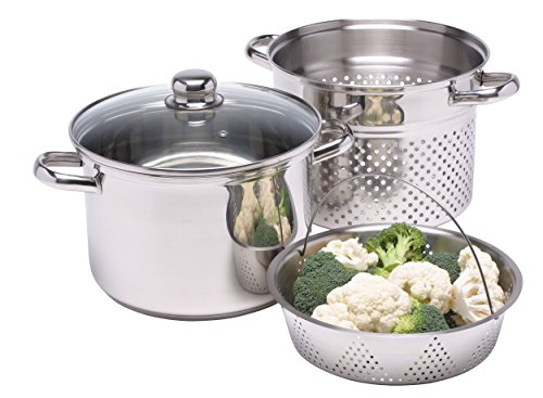 KitchenCraft World of Flavours Pastatopf mit Sieb und Gemüsedampfkorb in Geschenkbox, induktionssicher, Edelstahl, 4 Liter, 28 x 18 x 18 cm, Silber von KitchenCraft