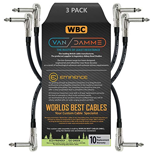 3 Einheiten – Van Damme Pro Grade Classic XKE – 10 cm – flexibel geschirmt Gitarre Bass Effekte Instrument, Pedal Stomp Patch Kabel – mit Low-Profile, rechts gewinkelt Pancake Typ (6,35 mm) TS Stecker von WORLDS BEST CABLES