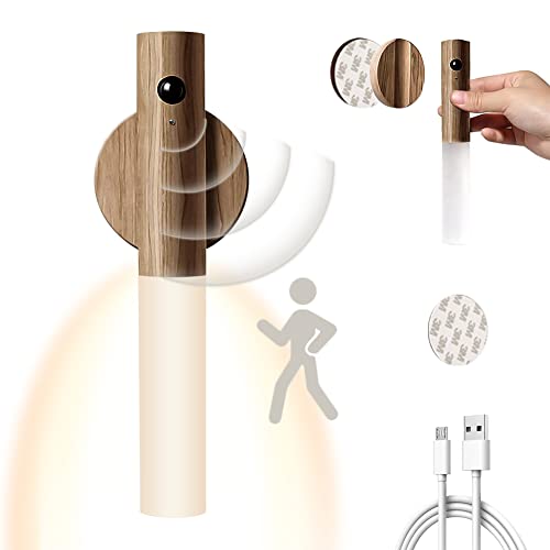 WORLUDE USB Aufladbar Wandleuchte Holz Innen mit Bewegungsmelder Induktions, Akku LED Wandlampe Warmweiß Magnetische Bettlampe für Wohnzimmer Schlafzimmer Treppenhaus Flur (Nussbaumfarbe) von WORLUDE