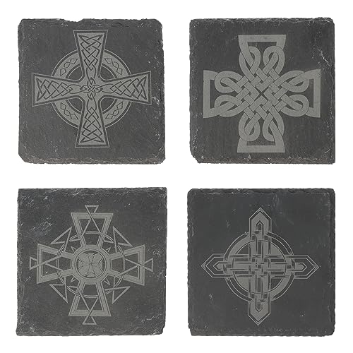 4er Set Untersetzer aus Schiefer mit keltischen Kreuzen|Trinkglasuntersetzer|Untersetzer für Gläser und Tassen|Mystische Motive|hochwertige Lasergravur|Geschenkidee Wikinger|Geschenkset Untersetzer von WORTGEFECHTE