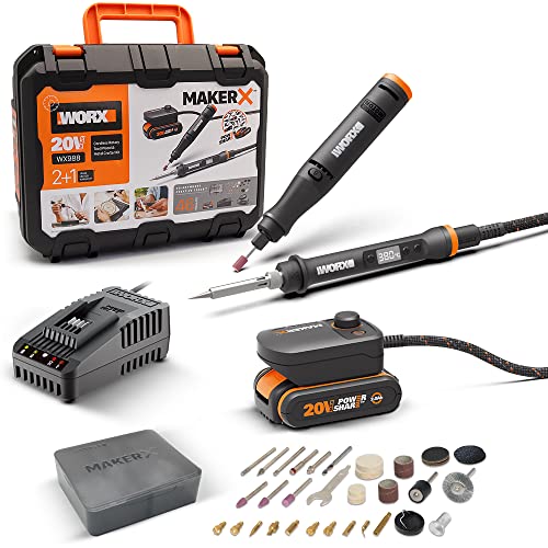 Kit MakerX Rotationswerkzeug + Lötkolben 20 V WORX | PowerShare | WX988-1 2Ah Akku mit Indikator, 1 Ladegerät Kit MakerX Rotationswerkzeug + Lötkolben 20 V WORX | PowerShare | WX988-1 2Ah Akku mit Indikator, 1 Ladegerät von WORX