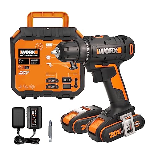 WORX 18V (20V) Akku-Bohrschrauber WX100.3, PowerShare, max. 30 Nm Drehmoment, variable Drehzahl, LED-Licht, 10 mm schlüsselloses Bohrfutter, 2 Akkus im Lieferumfang Orange & Schwarz von WORX