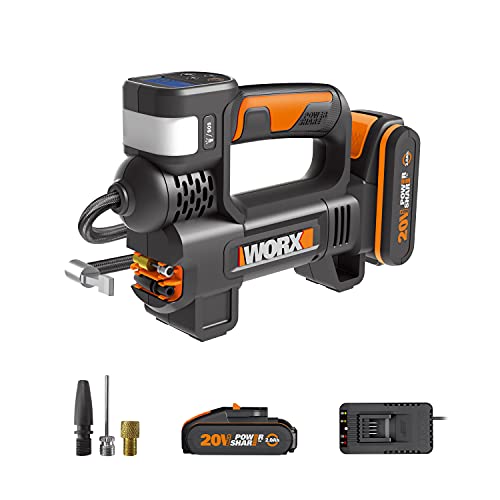 WORX - Luftkompressor und LED-Projektor, kabellos, 150 PSI – 20 V-2 Ah – WX092 (Lieferung mit Akku und Schnellladegerät, Lieferung mit Adapter für Fahrrad/Auto, Reifenaufpumpen in 2 min40s) von WORX