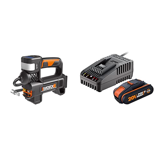 WORX 20V Akku-Multifunktions-Luftpumpe WX092.9 ohne Akku und Ladegerät, Schwarz & WA3601 PowerShare Akku mit Ladegerät Set - 20V 2000mAh Li-Ion Akkubatterie & Akku Ladestation von WORX