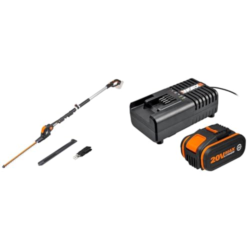 WORX 20V Akku Teleskop-Heckenschere WG252E.9-Ohne Akku & Ladegerät, schwarz & WA3604 Akku mit Akku Ladestation: 20V – 4000mAh Li-Ion Akkubatterie & Akku Ladestation von WORX