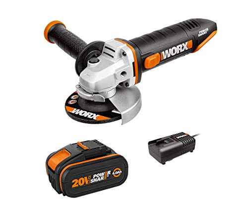 WORX 18V(20V MAX) Akku Winkelschleifer WX800.4, 4,0Ah, Powershare, 115mm, 2-Position Zusatzhandgriff, werkzeuglose Einstellung der Schutzhaube, Spindelarretierung von WORX