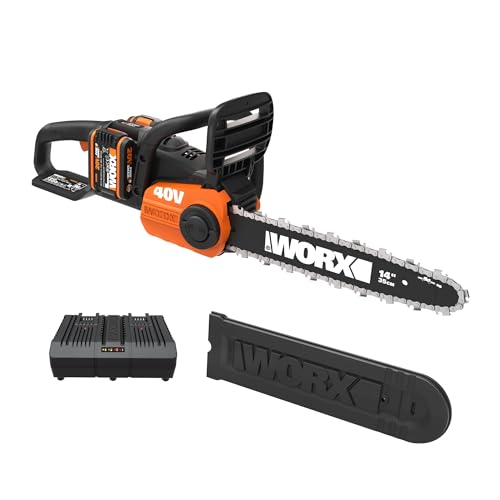 WORX WG384E Akku Kettensäge 40V - 35cm Schwertlänge - leistungsstarke bürstenloser Motor - werkzeugloses Kettenwechsel - 8 m/s Schnittgeschwindigkeit - leicht & kompakt - inkl. 2x2Ah Akku & Ladegerät von WORX