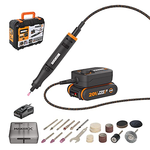 WORX Akku Multifunktionswerkzeug 18V(20V MAX) MakerX WX739, Bürstenlos Motor Variable Drehzahleinstellung 5.000-35.000 U/min mit Hub Adapter, Powershare zum Schleifen, Gravieren Polieren Schneiden usw von WORX