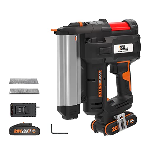 WORX NITRO 18V (20V MAX) Nagler WX840.1, PowerShare, 2-in-1 Bolzensetzgerät und Schmalkronenhefter, LED-Licht, 2X2Ah Akku, 200 Stk. 38mm 18-Gauge-Bradnagel, 32mm 18-Gauge-Nagelklammern von WORX