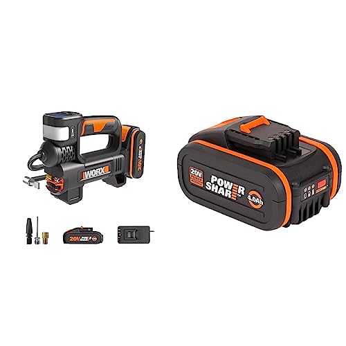 WORX - Luftkompressor und LED-Projektor, kabellos, 150 PSI – 20 V-2 Ah – WX092 & WA3553 Akku 20V – Wiederaufladbarer, leistungsstarker Akku mit integrierter Ladestandanzeige von WORX