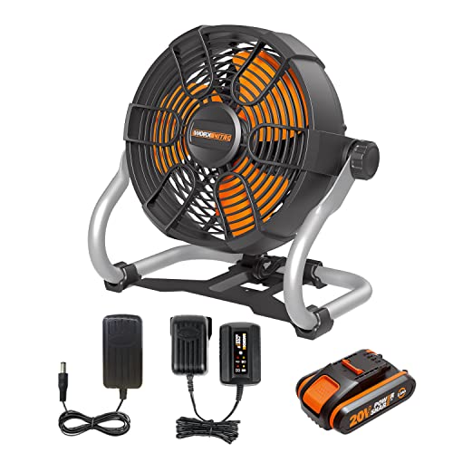 WORX NITRO 18V (20V MAX) Akku-Baustellenlüfter WX095, PowerShare, max. 6 Stunden Betriebszeit, 2 Geschwindigkeitsstufen, 360° drehbarer Kopf, 1 x 2Ah-Akku, 1 x Ladegerät und 1 x Netzadapter von WORX