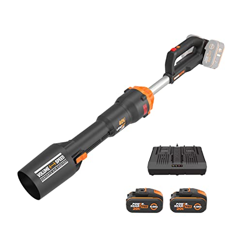 WORX Nitro 40V Akku-Laubbläser WG585E - bürstenloser Motor - 3 Geschwindigkeiten & Turbomodus - 266km/h Luftgeschwindigkeit - Luftmenge 1053m³/h - inkl. 2x4Ah Akkus & 4A Dual-Schnellladegerät von WORX