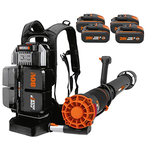 WORX Nitro WG572E 80V (4x20V/4Ah) Laubbläser – Profi mit leistungsstark bürstenlosem Motor – großes Luftvolumen – Variable Geschwindigkeit mit Turbomodus – inkl. 4 x Pro Akkus & Basecamp Ladengerät von WORX