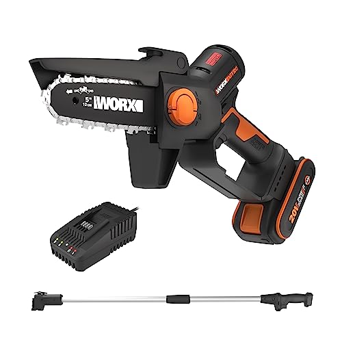 WORX NITRO Mini Kettensäge mit Akku 5 Zoll, mit 125cm Verlängerungsstange, WG325E.1, Einhand Kettensäge Akku 20V, PowerShare, bürstenloser Motor, 12cm Schwertlänge, inkl. Akku und Ladegerät von WORX