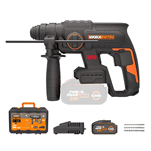 WORX NITRO WX381 Akku Bohrhammer 20V- bürstenloser Motor - multifunktionales Werkzeug zum Bohren, Hammerbohren & Meißeln - 2 Joule Schlagenergie - inkl. 20V 4Ah Pro Akku & Schnellladegerät von WORX