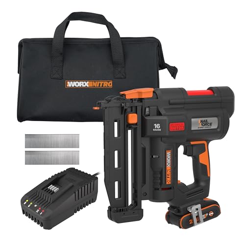 WORX Nitro – Elektrische Nagler, kabellos, 20 V – 2 Ah – zieht bis zu 80 Nägel pro Minute – bis zu 64 mm in Holz – Entriegelung ohne Werkzeug – WX841 (Lieferung mit Akku und Ladegerät, 200 Nägel 16GA von WORX